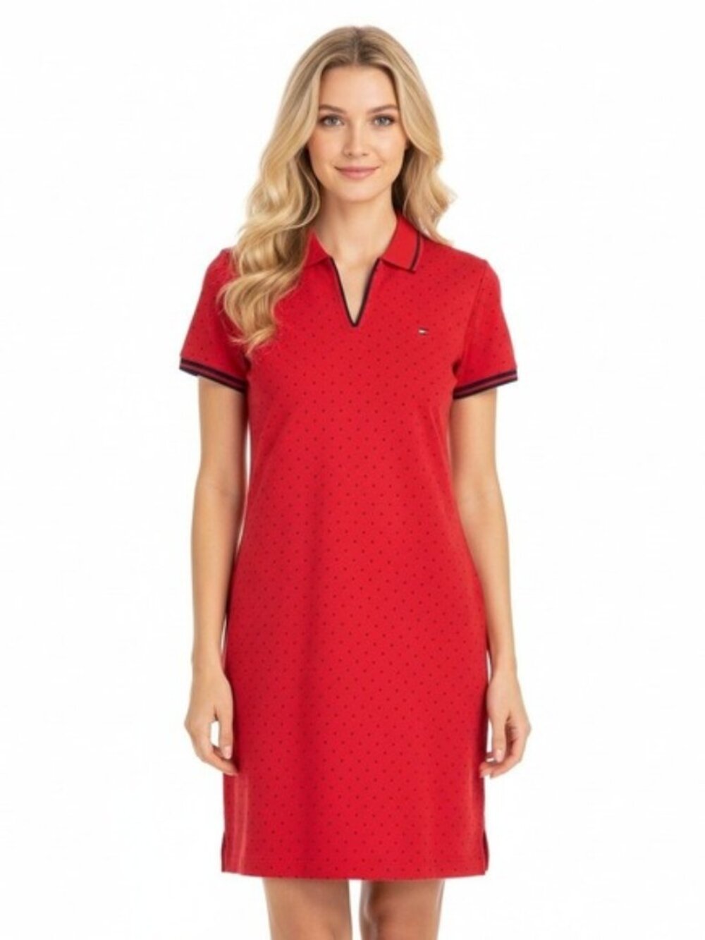 Tommy Hilfiger Red Polka Dot Polo‎ Dress Women Large Short Sleeve Casual Tennis